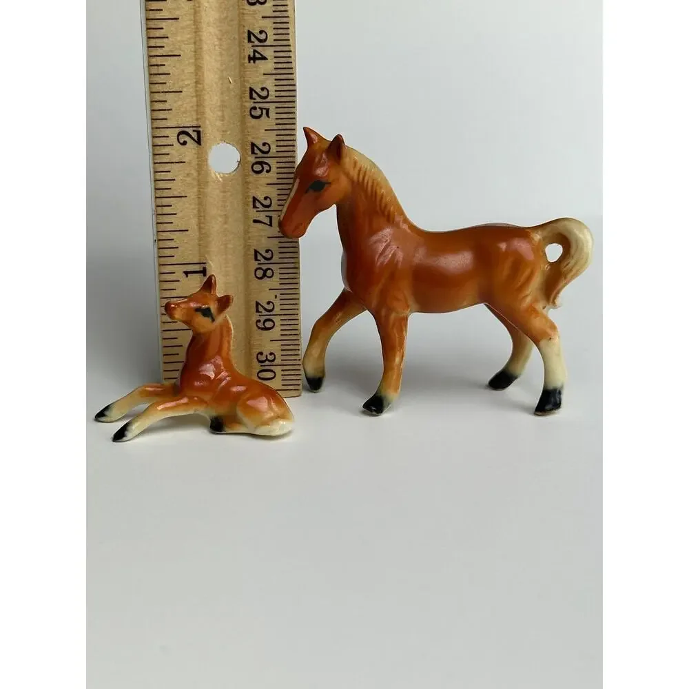 Vintage set miniature horses bone china chestnut brown figurines 1” and 2” flaw